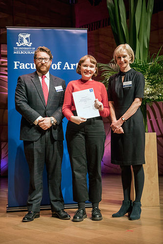 Mr John Myers, Chair, MWF Board and Professor Denise Varney, Dean, Faculty of Arts with prize winner Greer Clemens