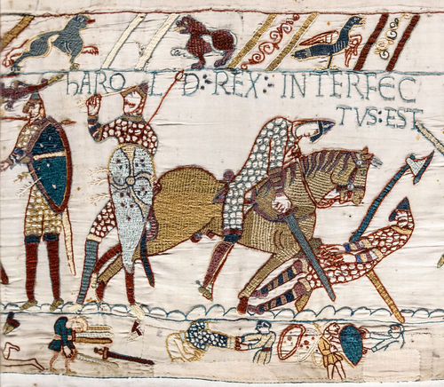 A segment of the Bayeux Tapestry depicting Odo, Bishop of Bayeux, rallying Duke William's troops during the Battle of Hastings in 1066.